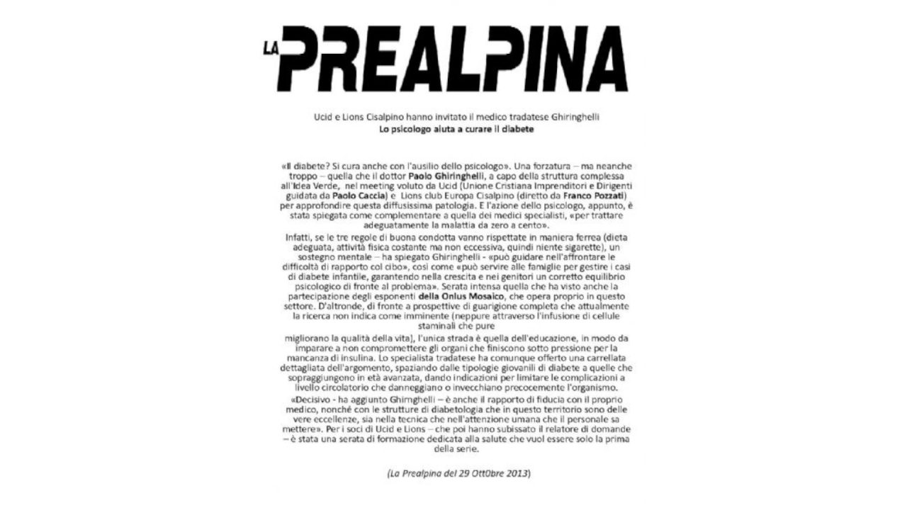 Tema dell'intermeeting La patologia diabetica Prealpina